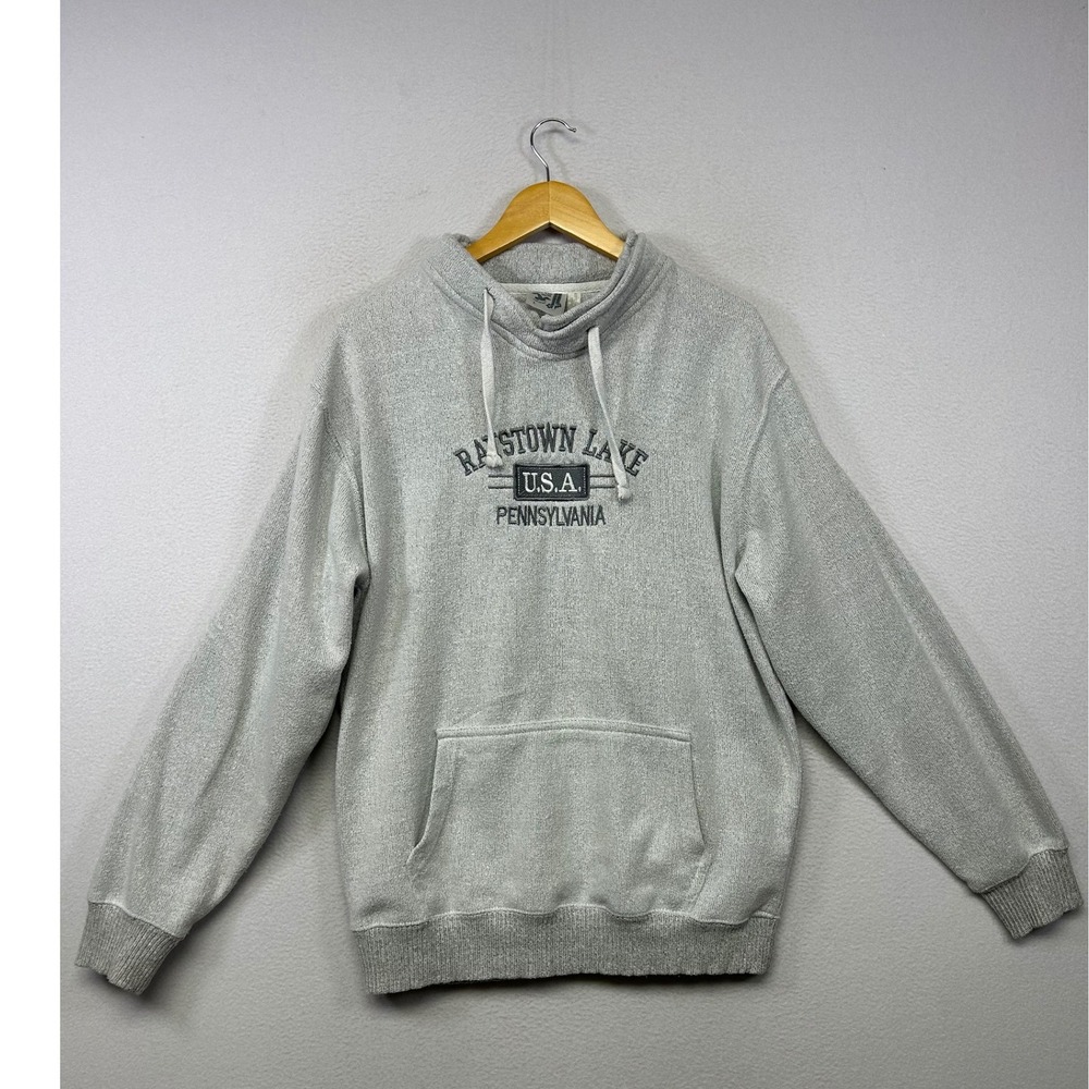 Gorpcore Retro ESY Surf Co. Mens Large Gray Raystown Lake PA Funnel Neck Hoodie